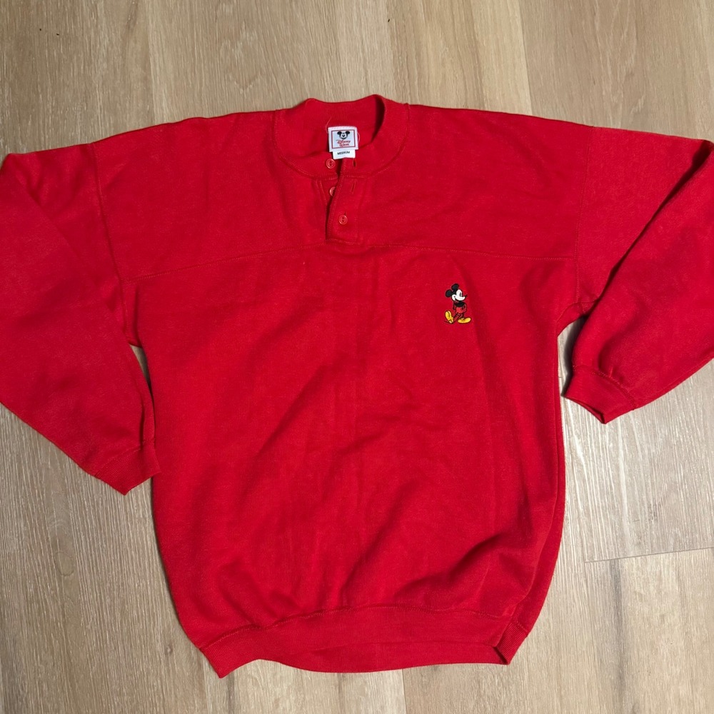 Vintage Disney Wear Mickey Mouse Henley Sweatshirt Red Made in USA Medium